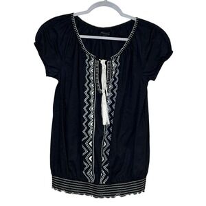 Banana Republic Factory Shirt Navy Small Embroidered Tassel Tie Neck